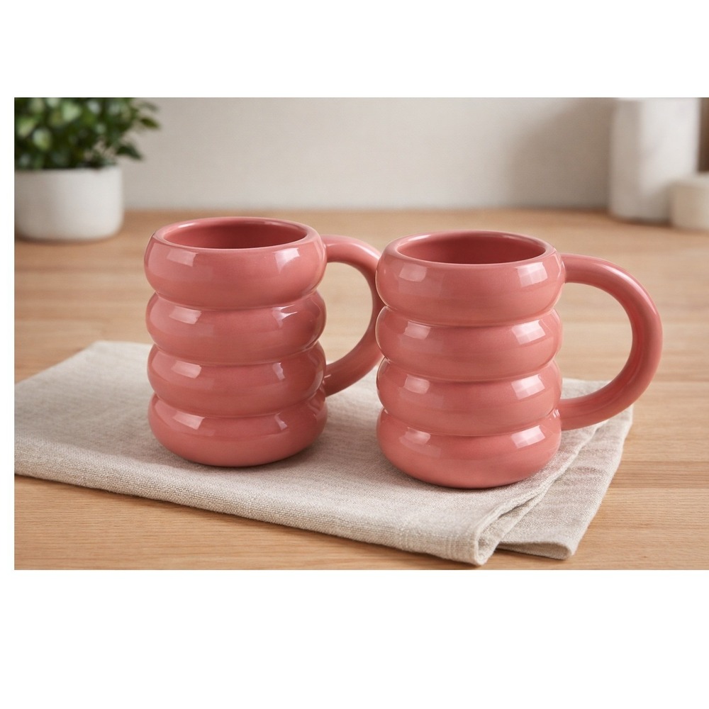 Room Essentials Stoneware Coffee Mug Pink-Red Ribbed Modern Set of 2‎ Target